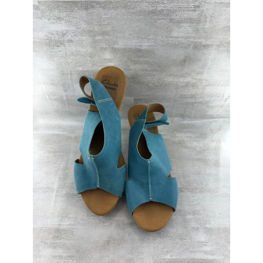 Clarks Teal Blue Nubuck Leather Cork Wedge Sandals Peep Toe Women Sz 11 M